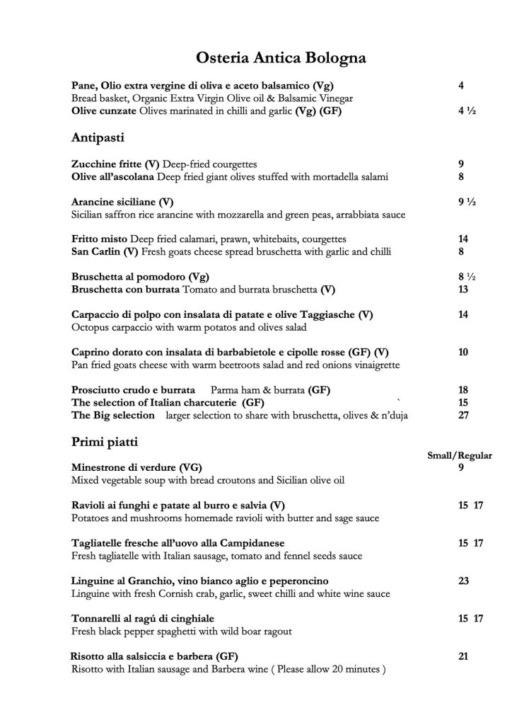 A La Carte All-Day Menu | Traditional Italian Restaurant