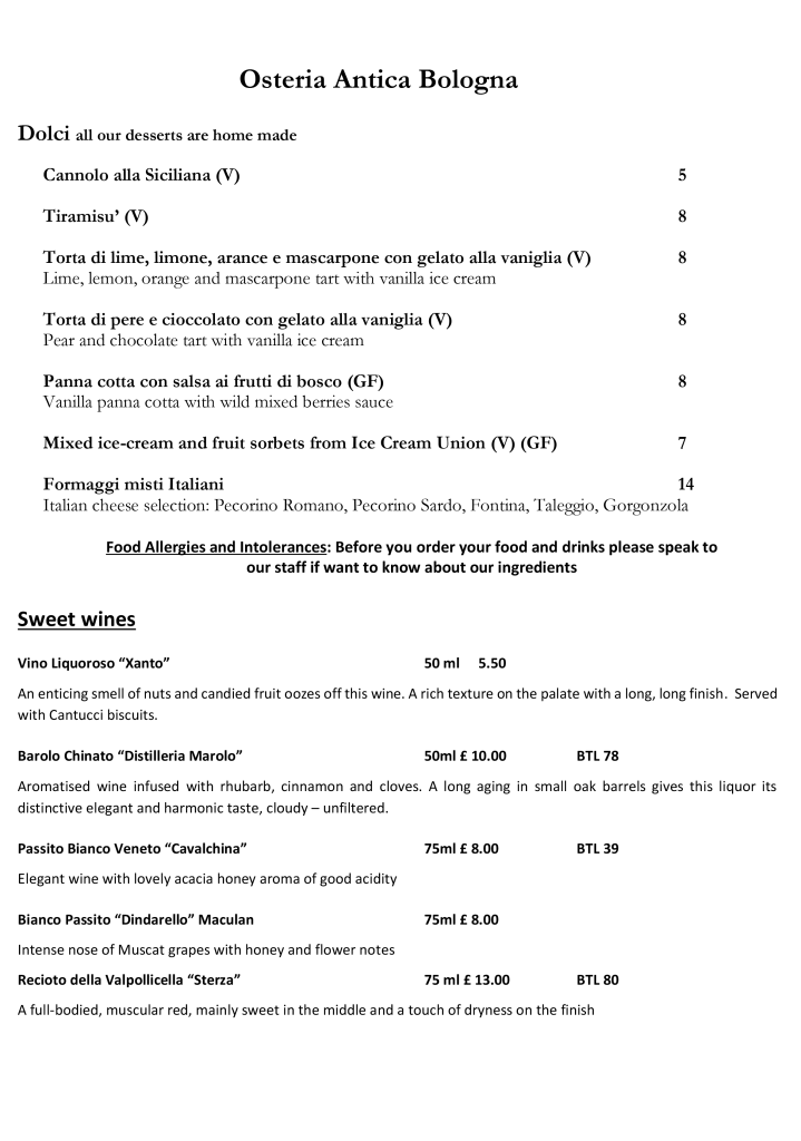 Dessert Menu page 1 (September 2025) at Osteria Antica Bologna, Northcote Road, Clapham Junction