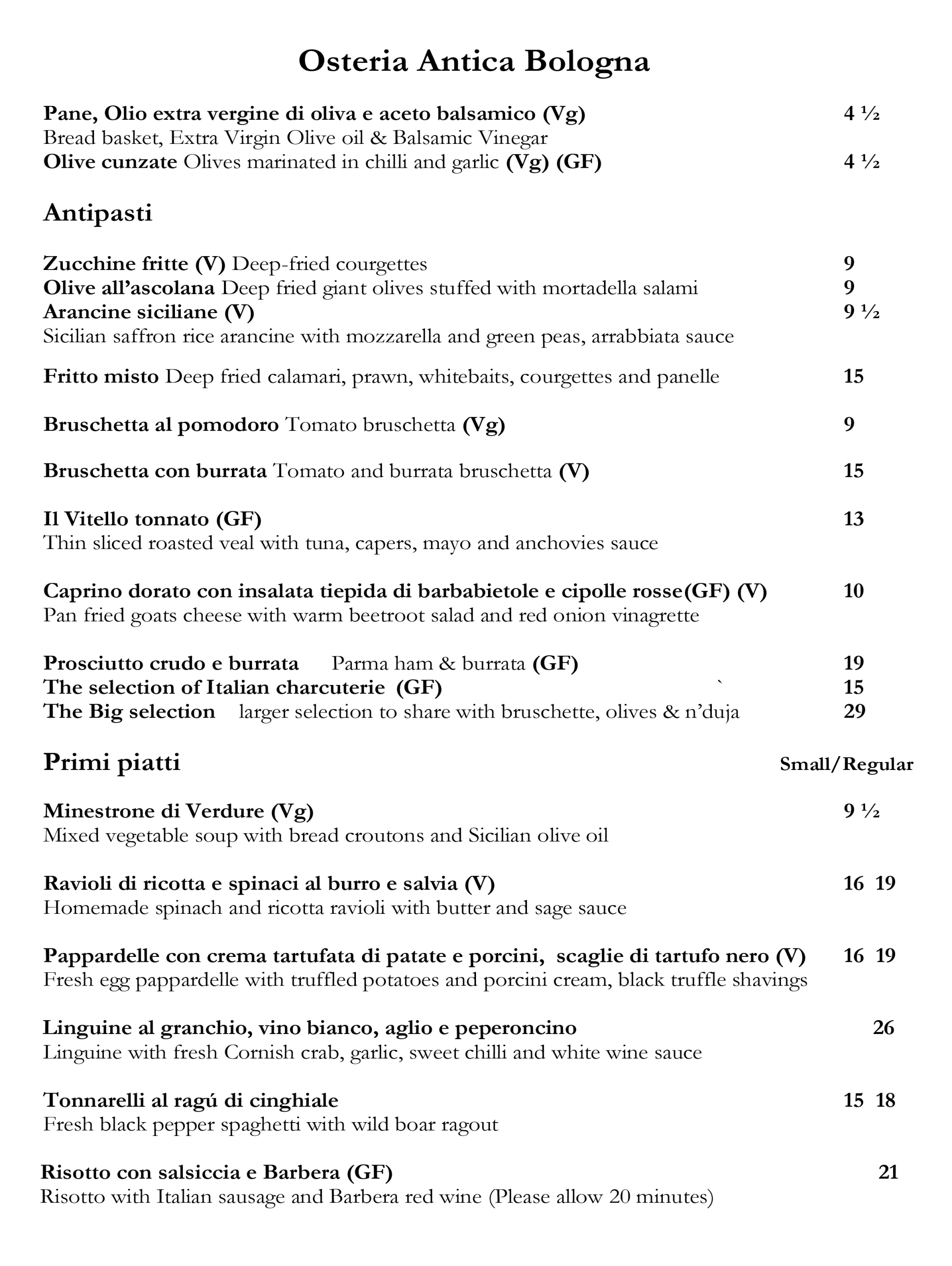 A La Carte Menu page 1 (September 2025) at Osteria Antica Bologna, Northcote Road, Clapham Junction