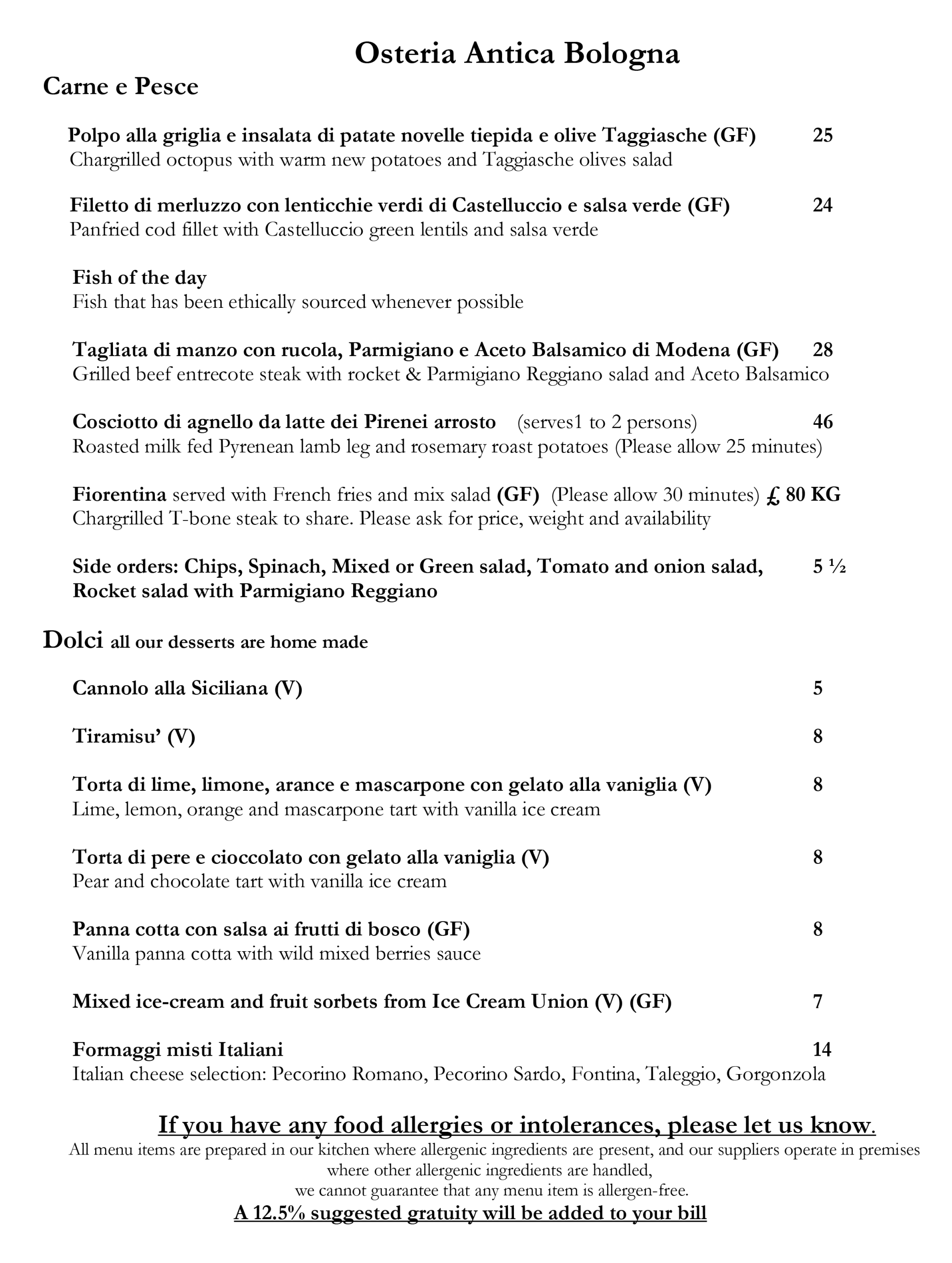 A La Carte Menu page 2 (September 2025) at Osteria Antica Bologna, Northcote Road, Clapham Junction