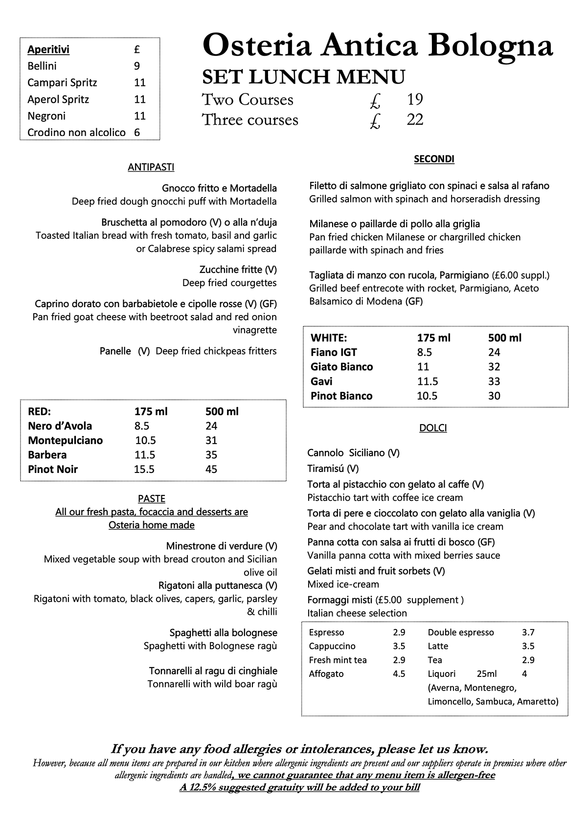 Set Lunch Menu (January 2026) at Osteria Antica Bologna, Northcote Road, Clapham Junction